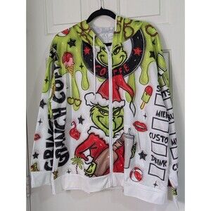 Dr Seuss Grinch Coffee Hoodie Sweatshirt Adult Medium Zip Pockets White Green